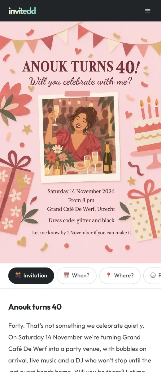 The demo invitation Anouk turns 40 as guests see it on their phone