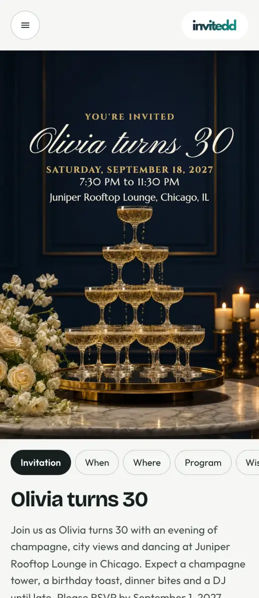 The demo invitation Olivia turns 30 as guests see it on their phone