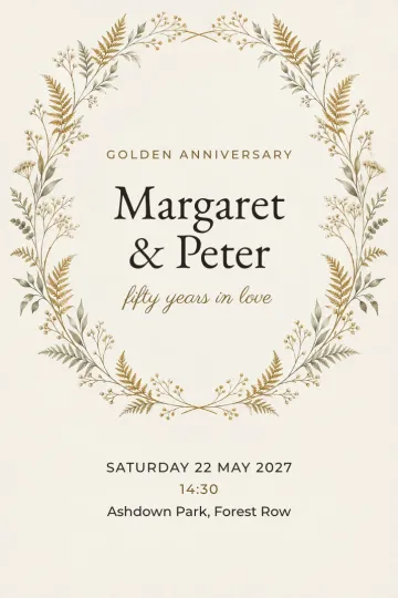 Anniversary invitation, Golden fern wreath design