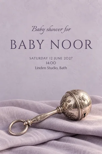 Silver heirloom rattle invitation design