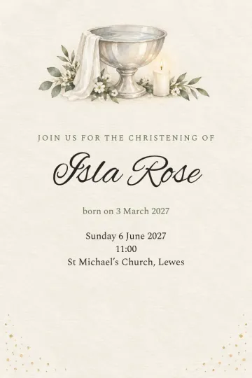 Baptism and communion invitation, Linen font design