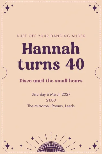 Birthday invitation, Apricot disco ticket design