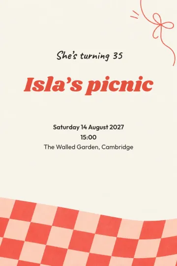 Birthday invitation, Coral picnic design