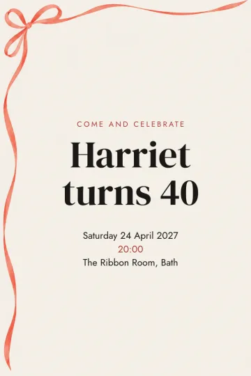 Birthday invitation, Coral bow design