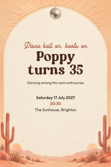 Birthday invitation, Desert disco night design