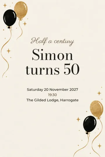 Birthday invitation, Black and gold balloons design