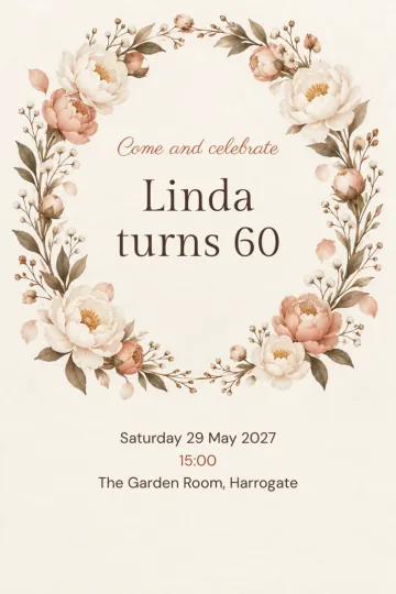 Birthday invitation, Peony wreath design