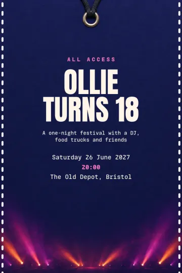 Birthday invitation, Backstage pass design