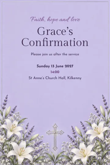 Baptism and communion invitation, Lilies and lavender design