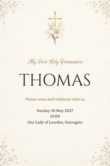 Baptism and communion invitation, Lily and golden cross design