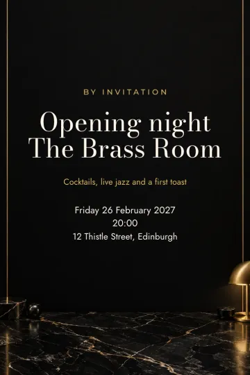 Company party invitation, Onyx and brass design