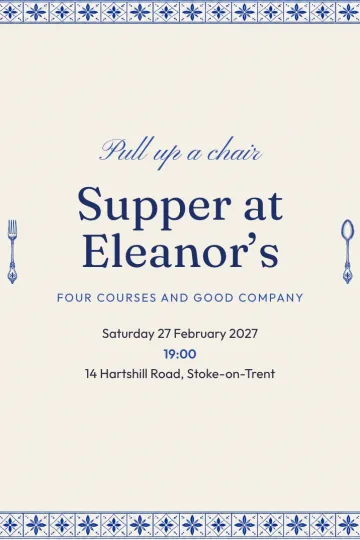 Dinner and drinks invitation, Blue porcelain design