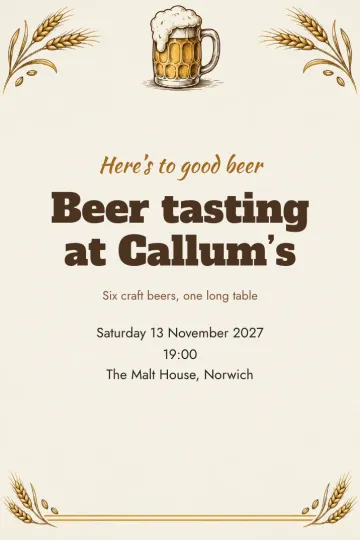 Dinner and drinks invitation, Beer mug and barley design