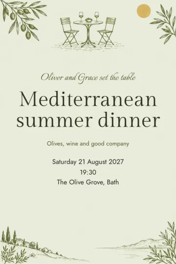 Dinner and drinks invitation, Olive grove bistro design