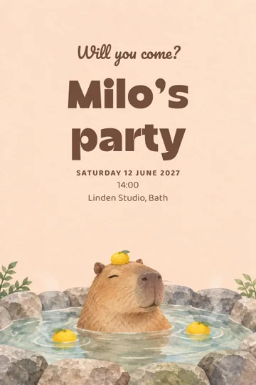 Capybara bath party invitation design