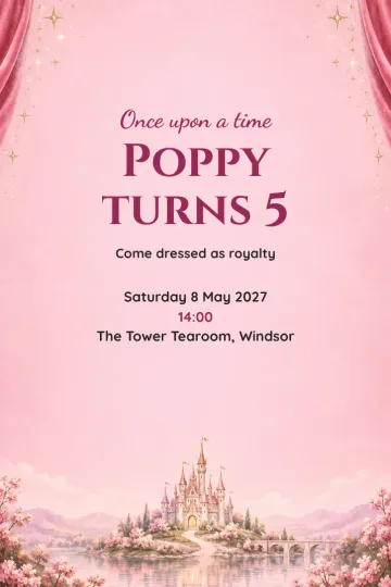 Kids' party invitation, Castle behind the curtain design
