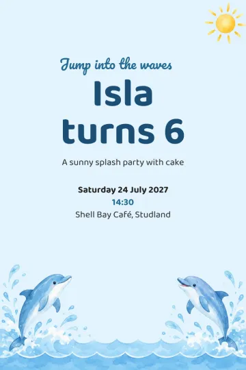Kids' party invitation, Leaping dolphins design