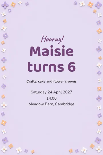Kids' party invitation, Lilac petals design