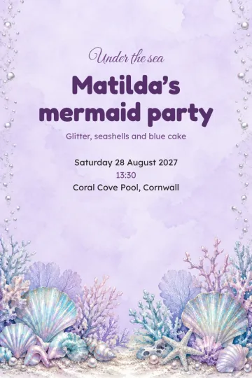 Kids' party invitation, Seashell cove design