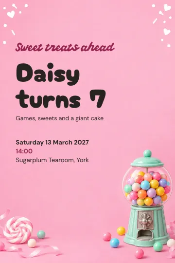 Kids' party invitation, Pink gumball machine design
