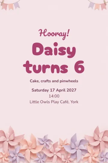 Kids' party invitation, Pink pinwheels design