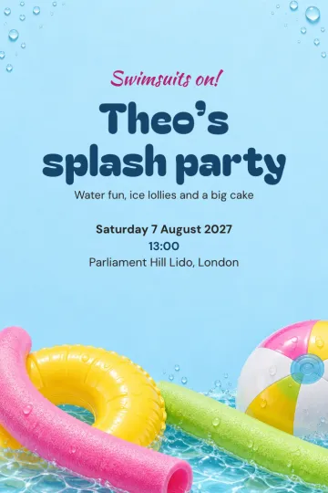 Kids' party invitation, Pool noodles and beach ball design