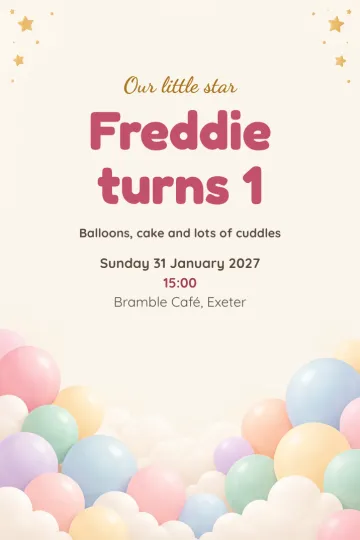 Kids' party invitation, Balloon cloud design