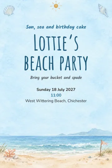 Kids' party invitation, Shells and sunshine design