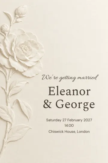 Wedding invitation, Embossed camellia design