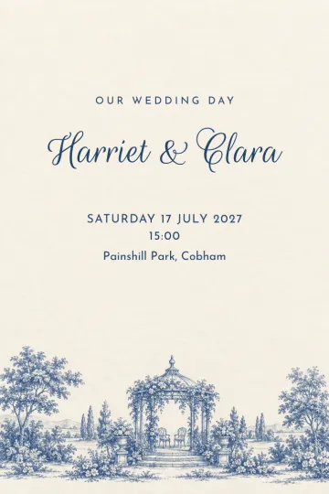 Wedding invitation, Blue toile gazebo design
