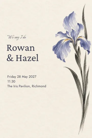 Wedding invitation, Iris in brush ink design