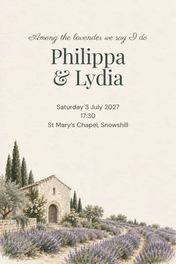 Wedding invitation, Lavender field chapel design