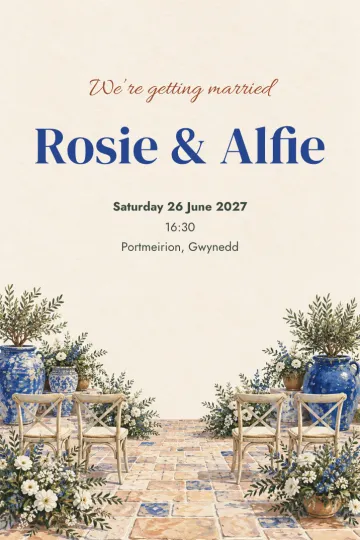 Wedding invitation, Mediterranean courtyard design
