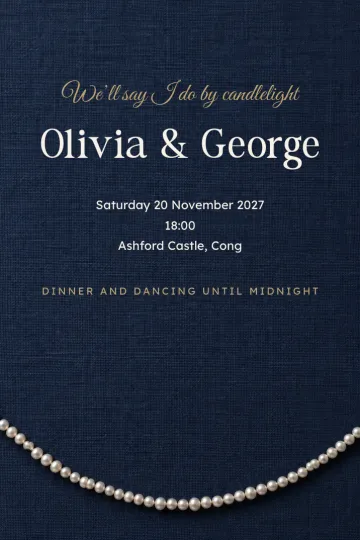 Wedding invitation, Pearl strand on navy design