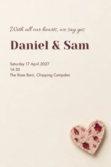 Wedding invitation, Rose petal paper heart design