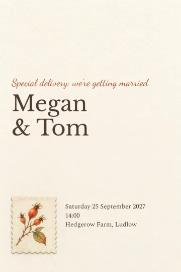 Wedding invitation, Rosehip postage stamp design
