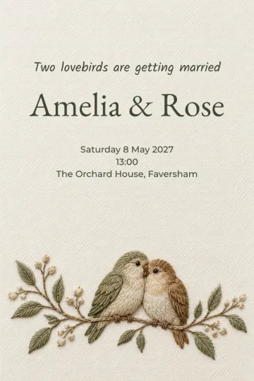 Wedding invitation, Embroidered lovebirds design