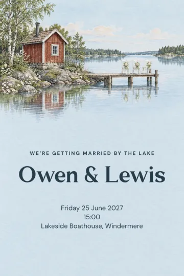 Wedding invitation, Red cabin by the lake design