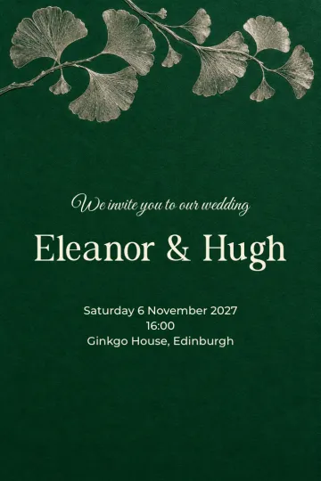 Wedding invitation, Silver ginkgo etching design