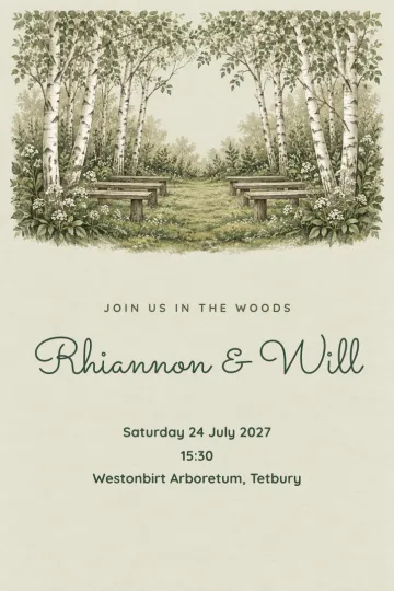 Wedding invitation, Birch woodland clearing design